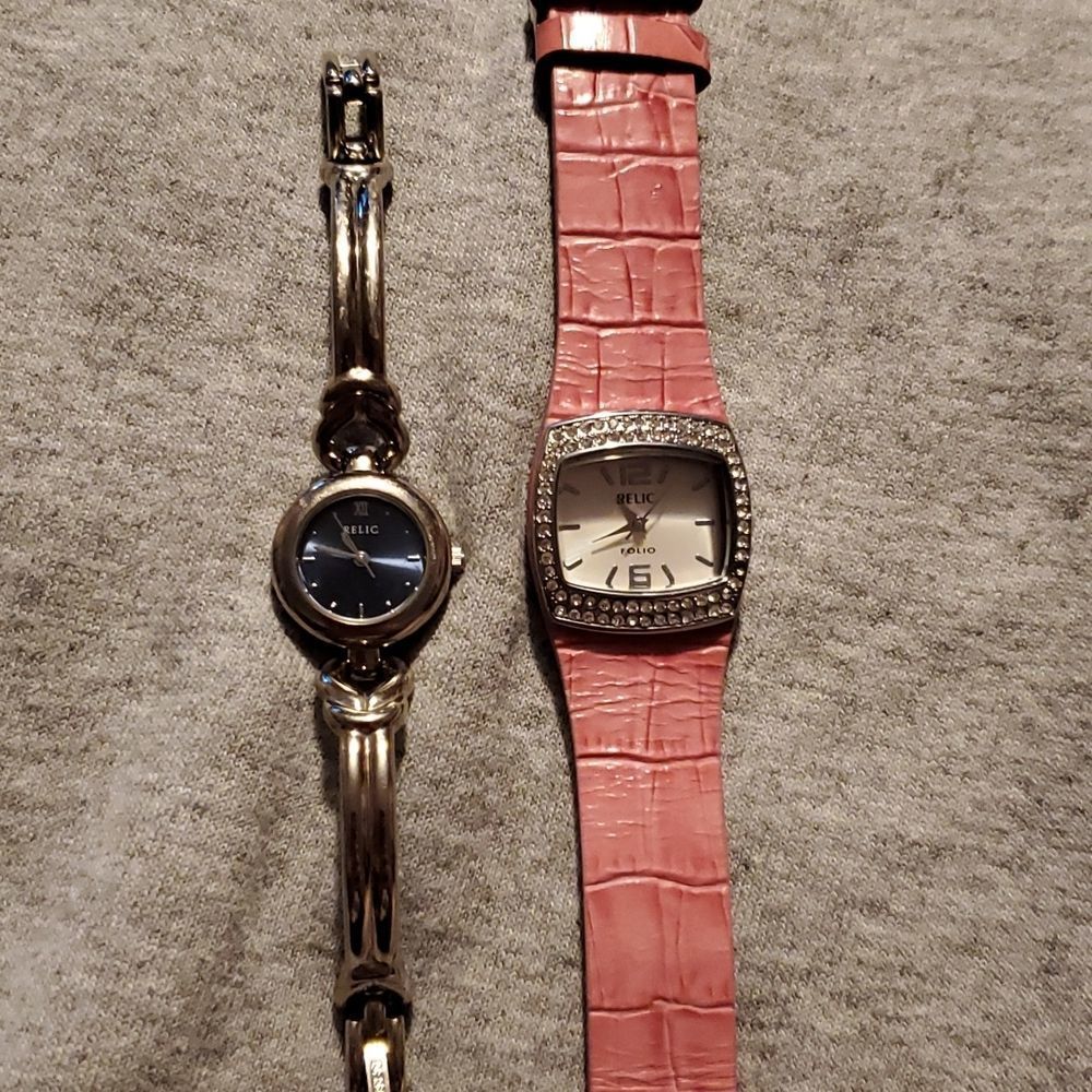 Two Relic Watches ZR33563 ZR33095 Pink Leather Band Silver Bangle Style